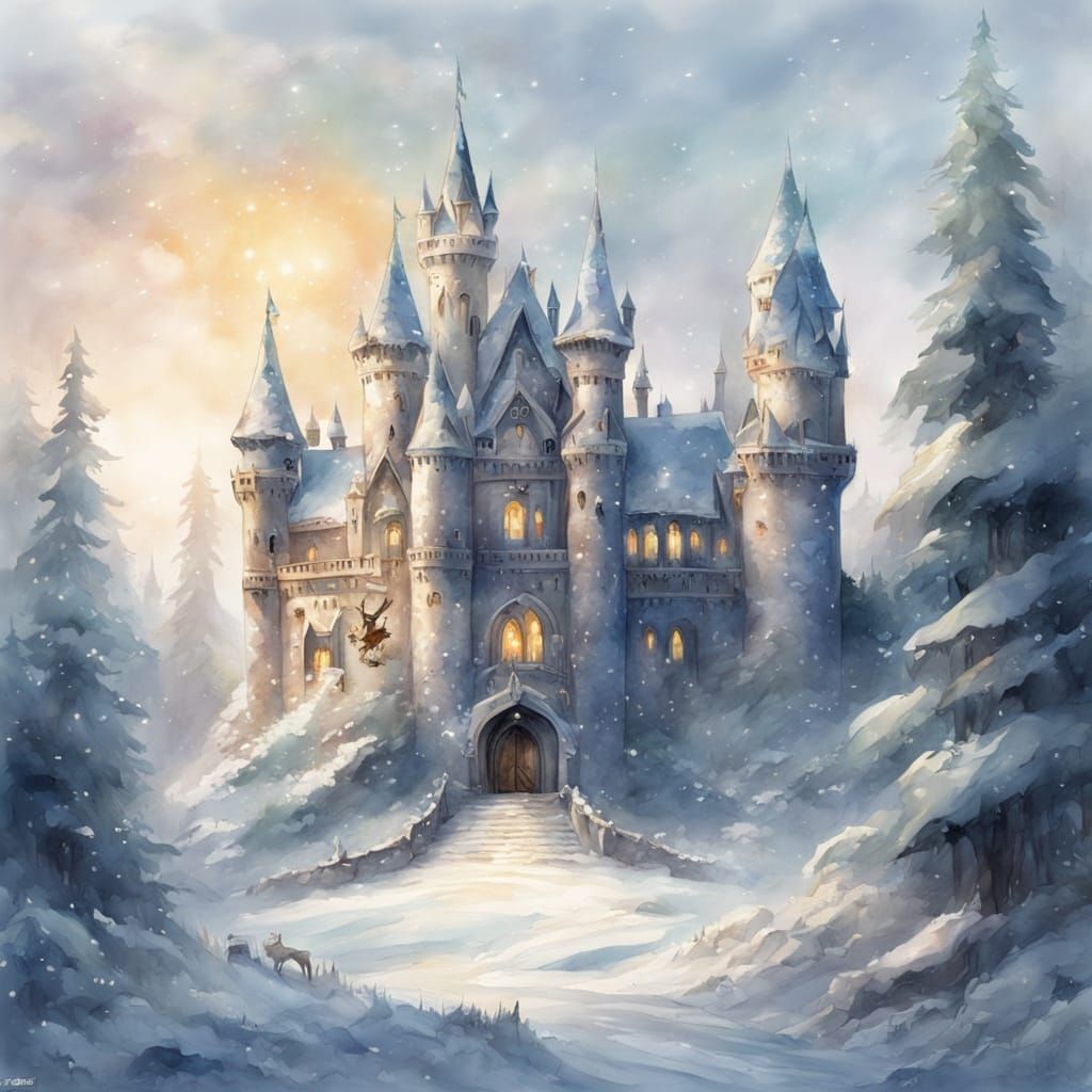 Whimsical Watercolor Snow Queen Castle in a Winter Wonderlan...