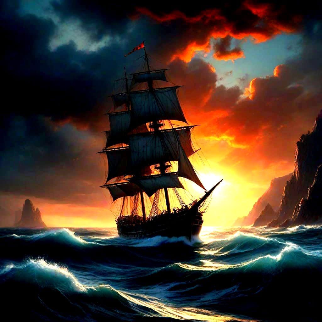Wooden Tall Ship in Deadliest Storm Crimson Sunset