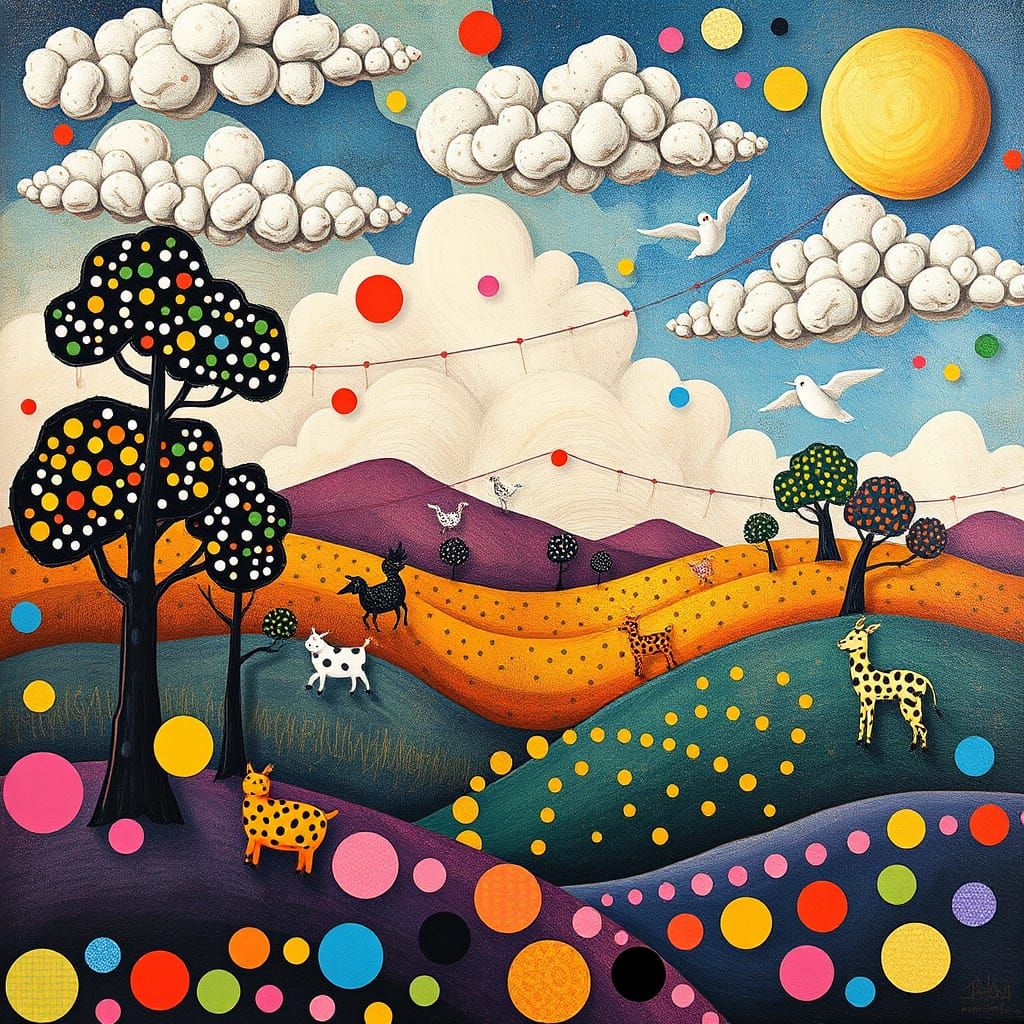 Dreamlike Surreal Landscape in Polka Dot Style