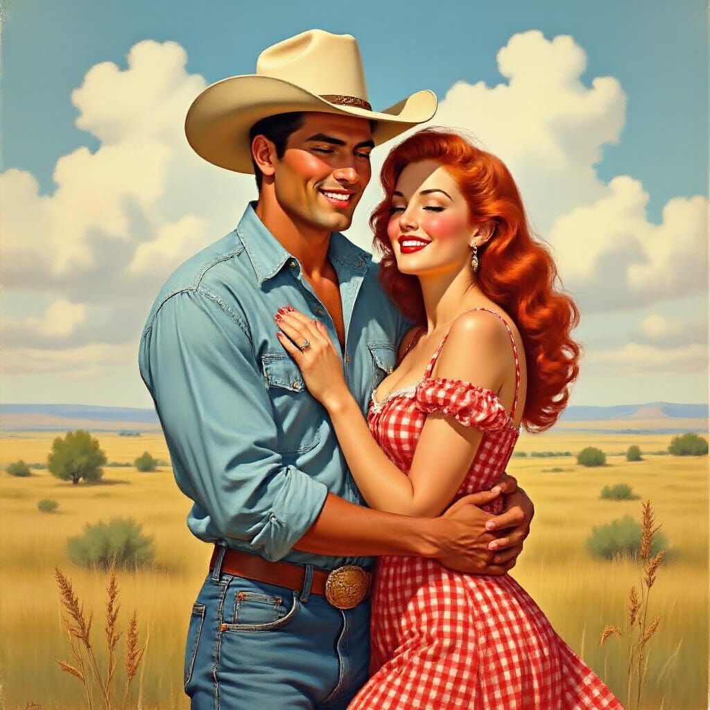 Playful Embrace on the Prairie: Retro Pin-Up Illustration