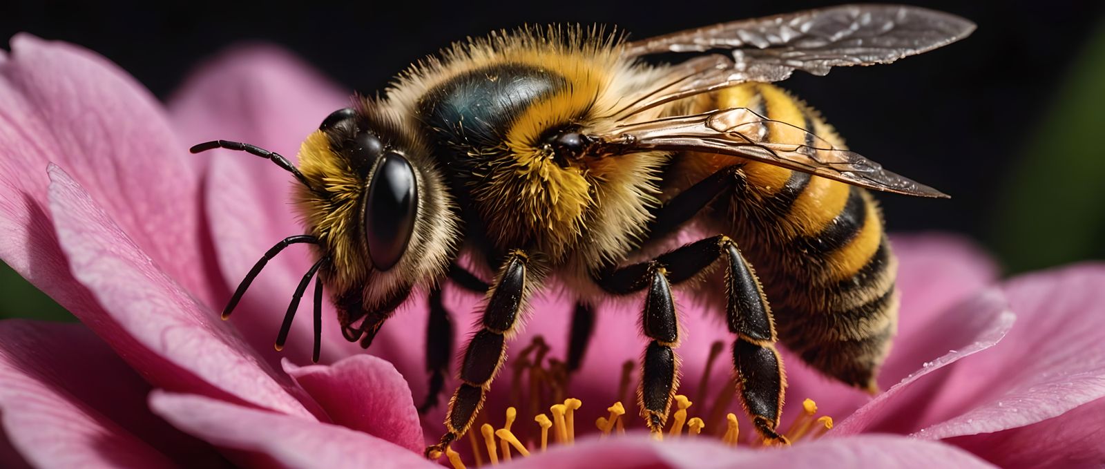 Macro Photograph of Bee Pollinating Rose Petal