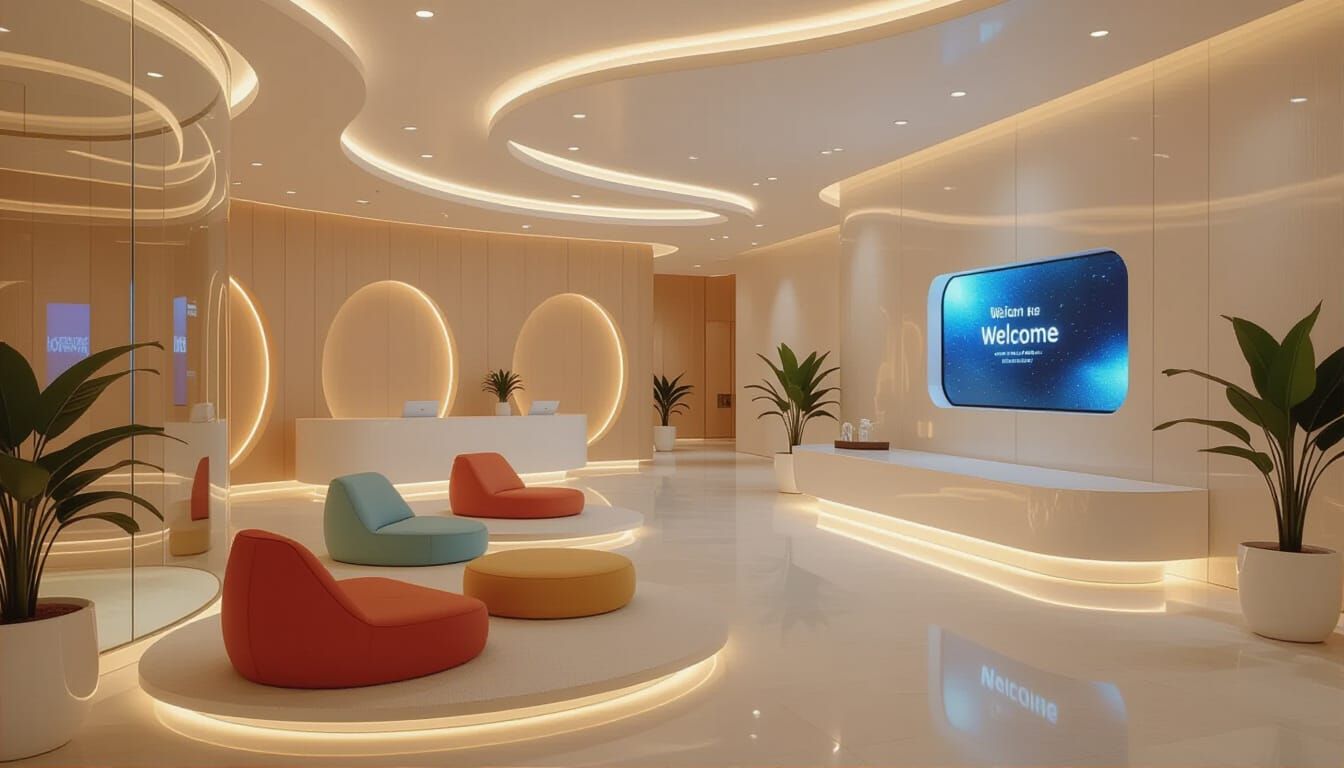 Futuristic Lobby with Floating Digital Screen