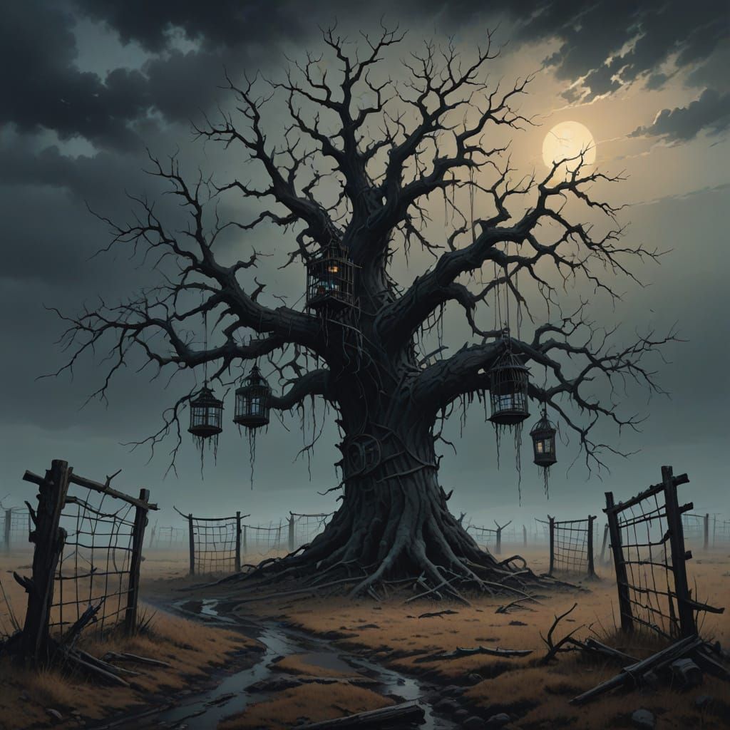 Ancient Tree with Cages in Desolate Twilight Landscape