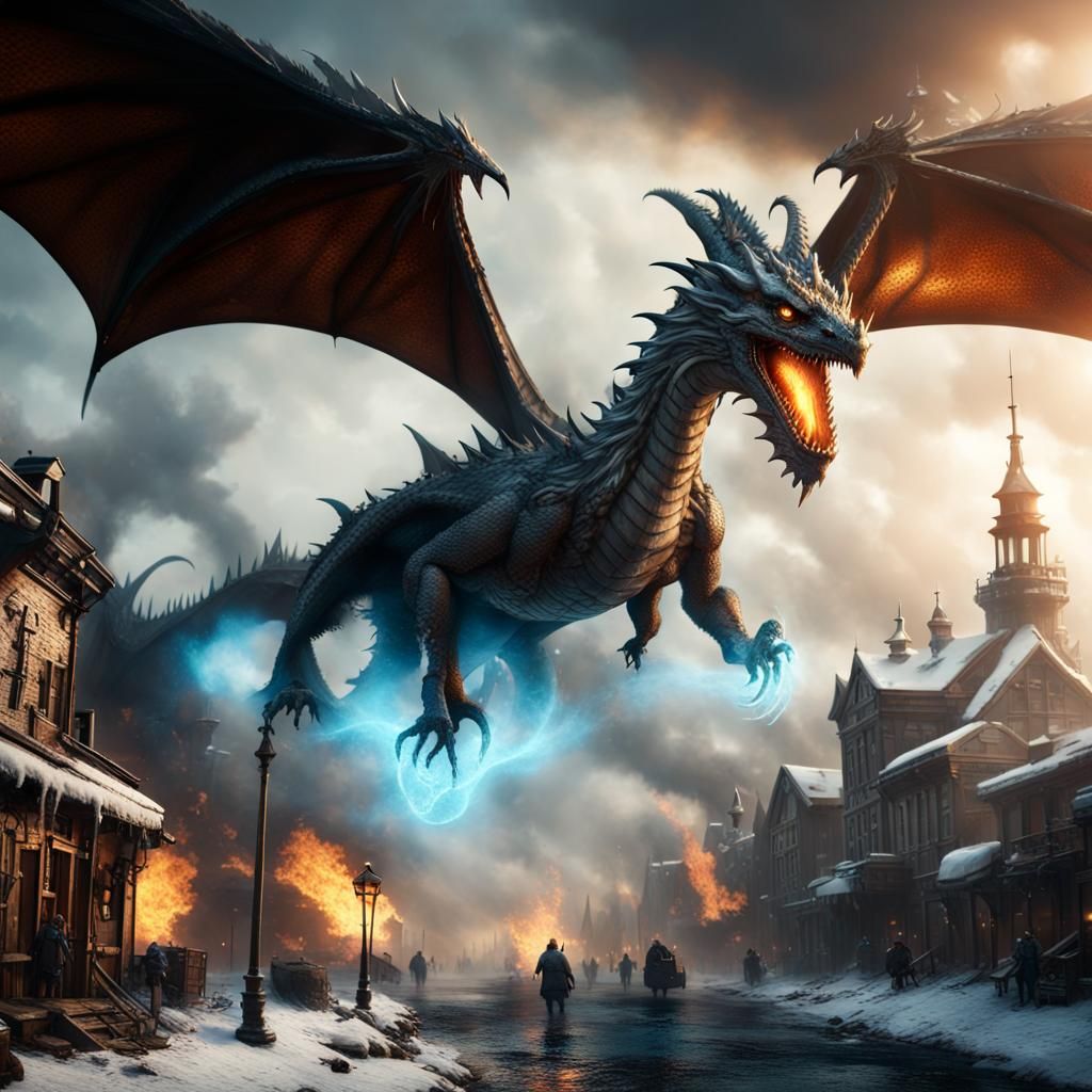 Icy Dragon Attacks Steampunk City: Fantasy Concept Art