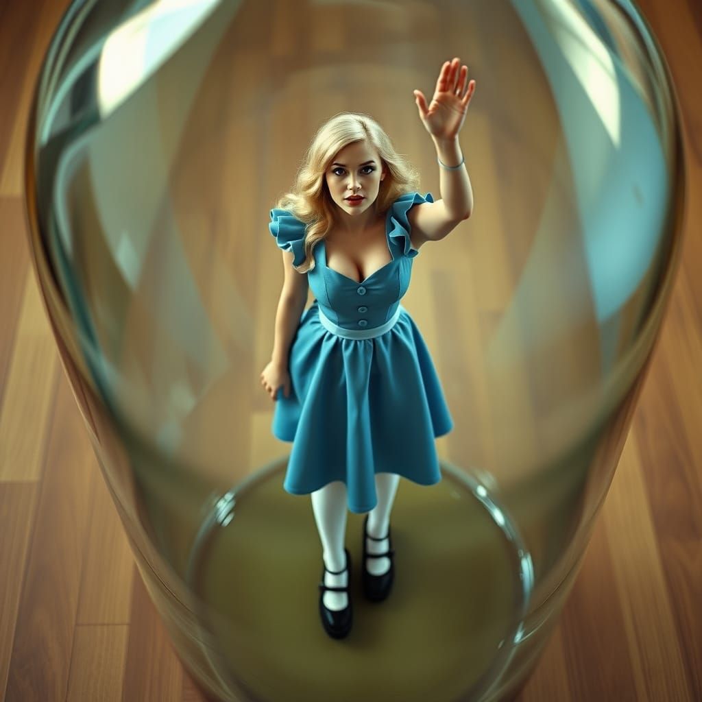 Curvy Blonde Woman Trapped in Glass Bottle Wonderland