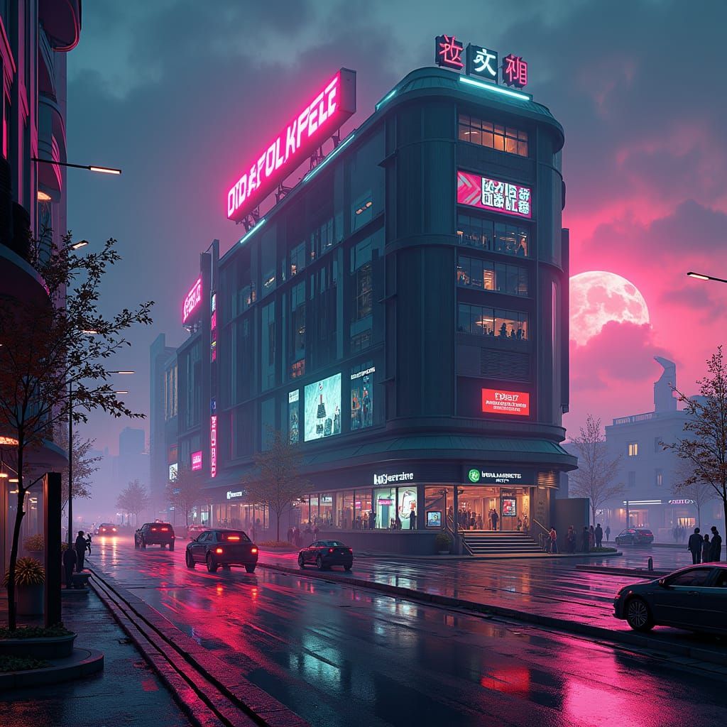 Cyberpunk Building with Neon Lights at Night