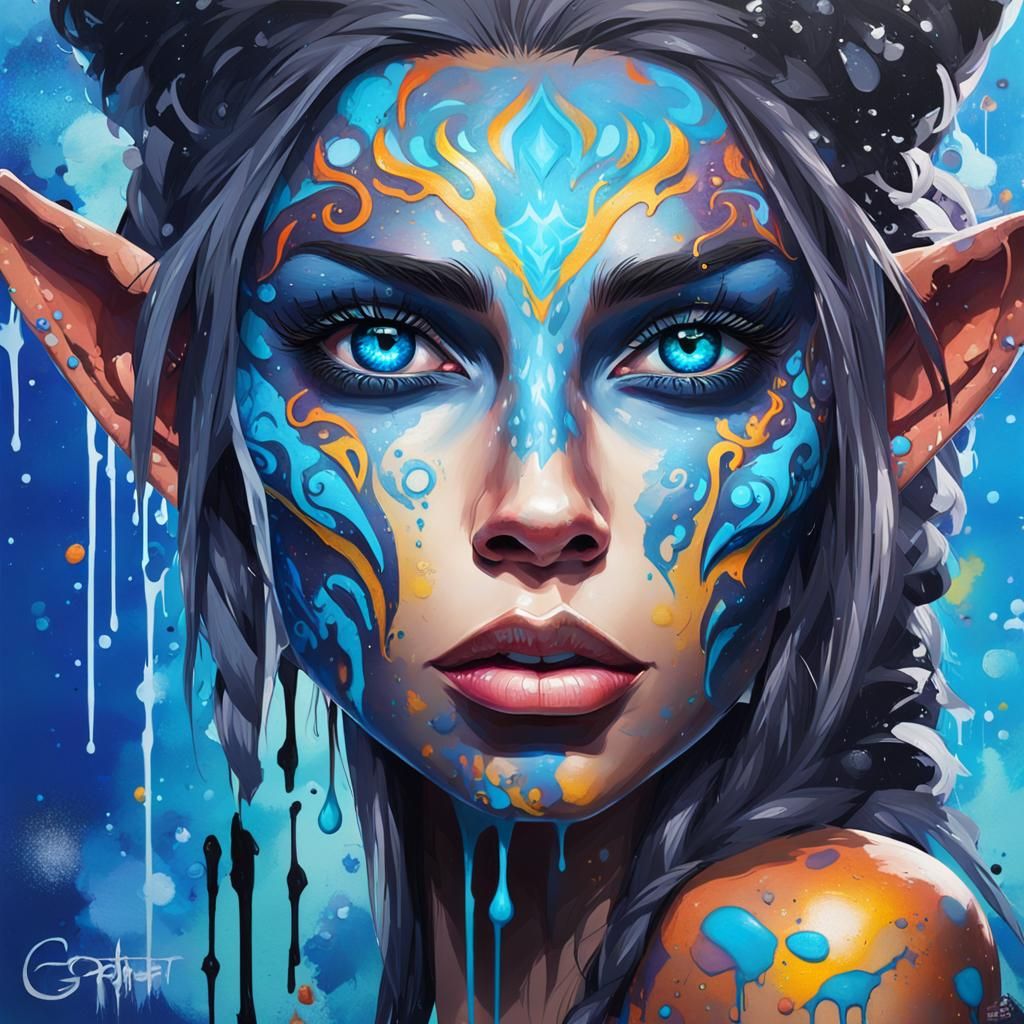 Night Elf Woman Portrait in Graffiti Art Style