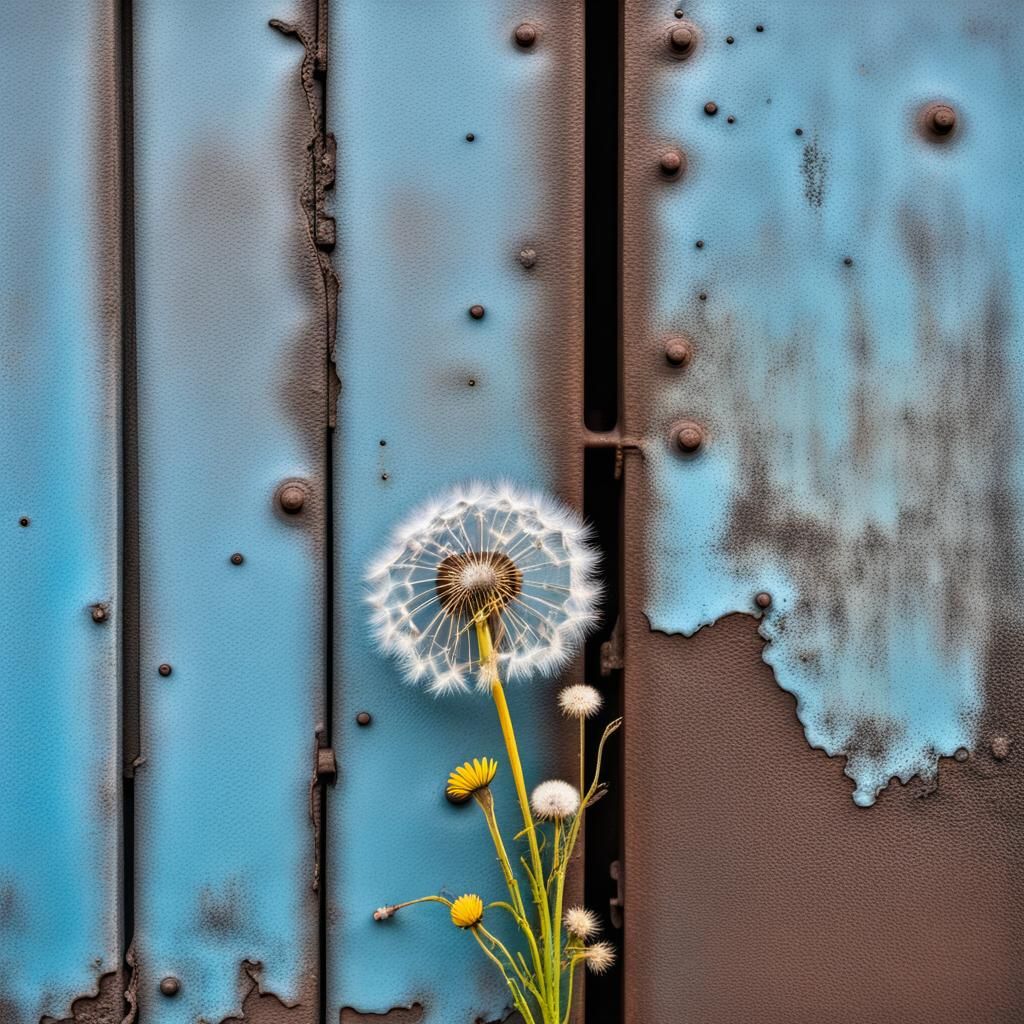 Dandelion Against Weathered Industrial Iron Wall