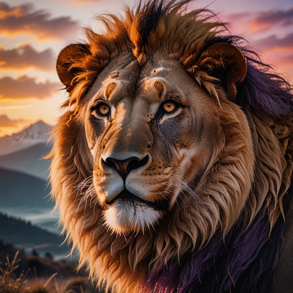 Ethereal Lion's Portrait Unites Majesty with Sunset Splendor