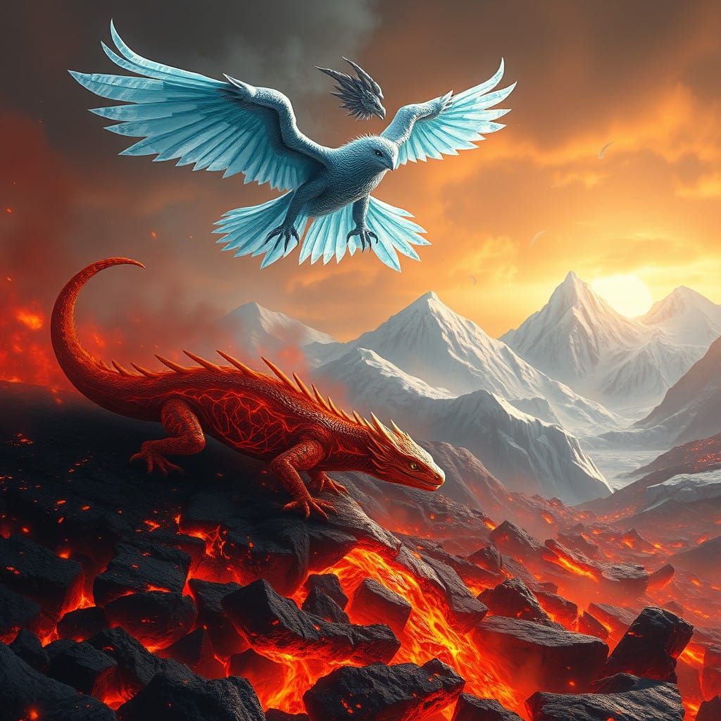 Magical Confrontation: Lava Salamander vs. Ice Bird Elementa...