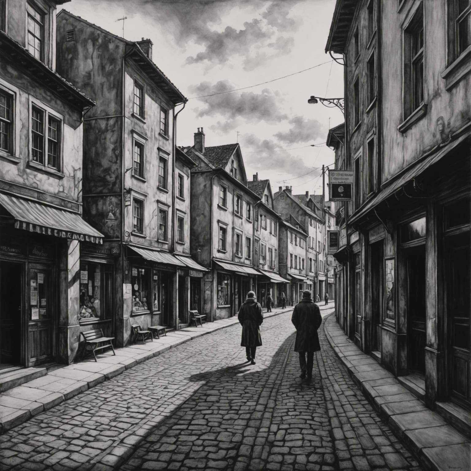 Solitary Figure in Town Square: Charcoal Drawing
