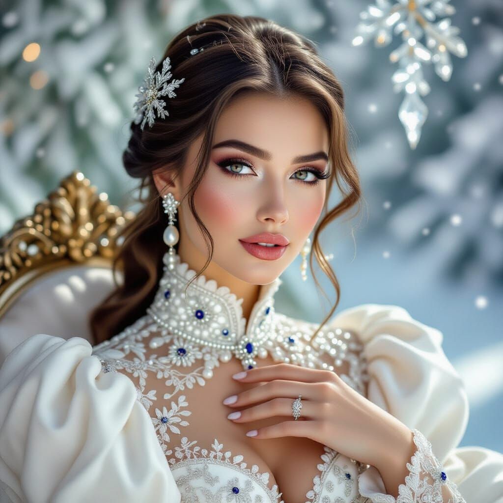 Elegant Beauty in Embroidered Gown with Winter Snowflakes