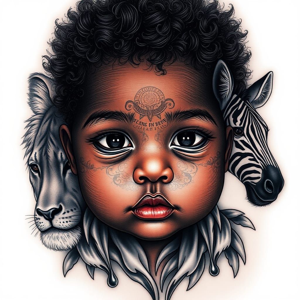 stunning black baby with beautiful lions and zebras tattoos