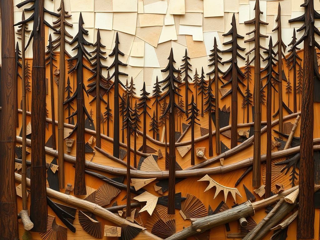 Earthy Forest Landscape in Wooden Collage Style