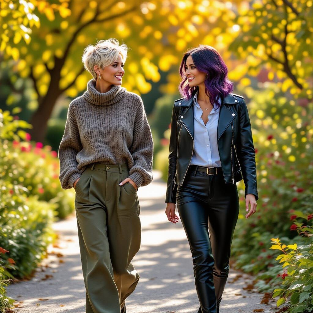Two Women Stroll Through Sunny Autumn Gardens at Wulfe Hall