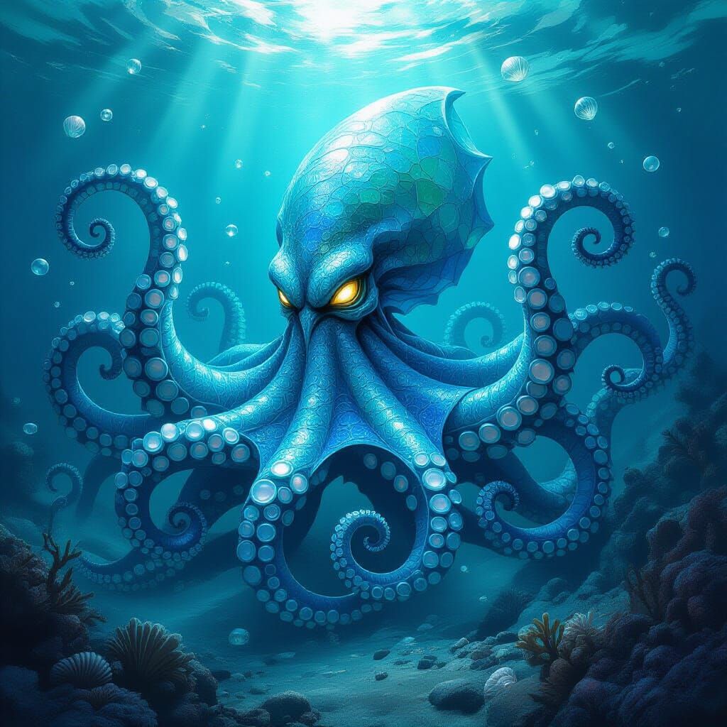 Majestic Kraken of Sapphire and Aquamarine Sea Glass