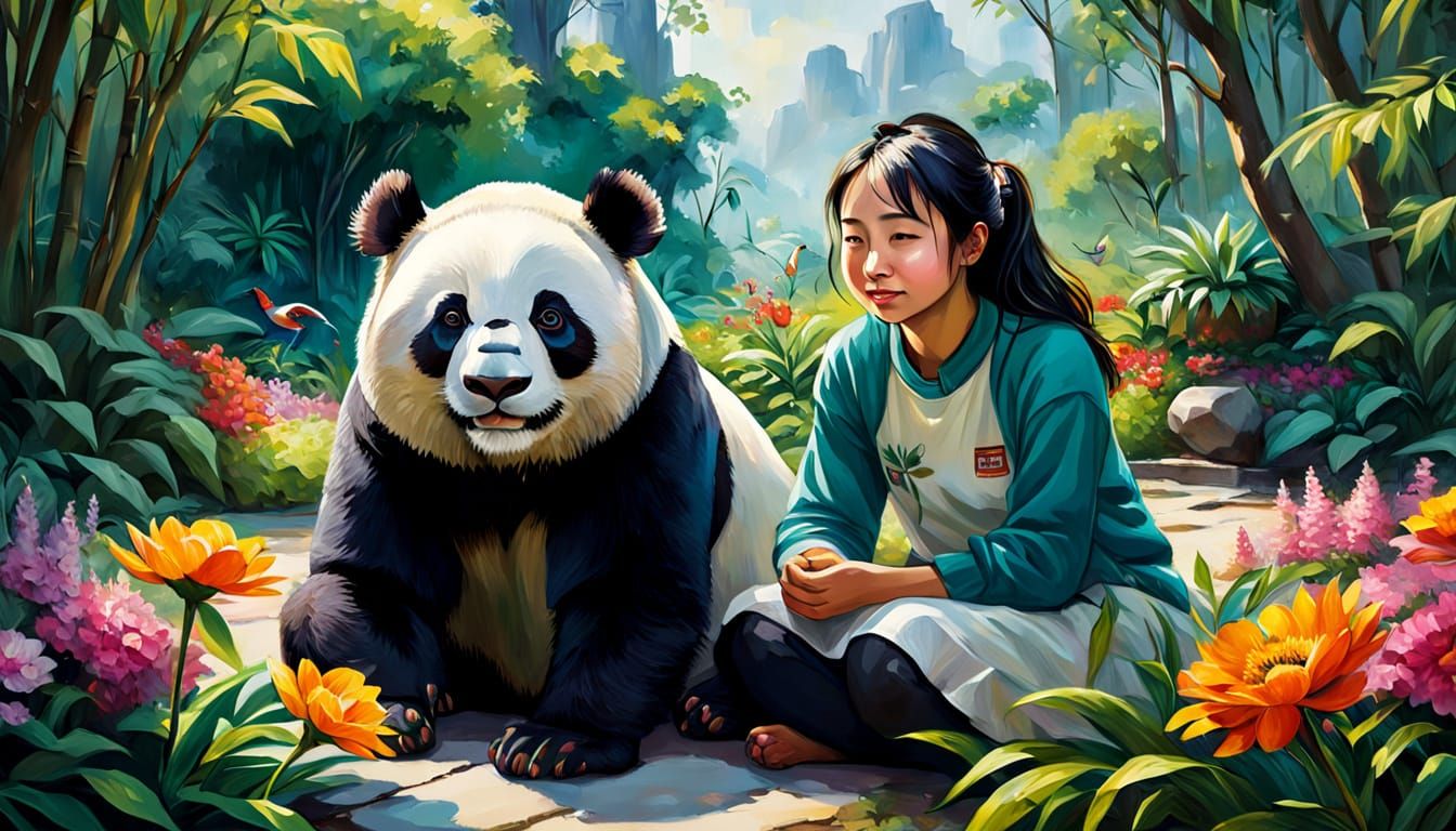 Girl and Panda in Lush Impressionist Garden