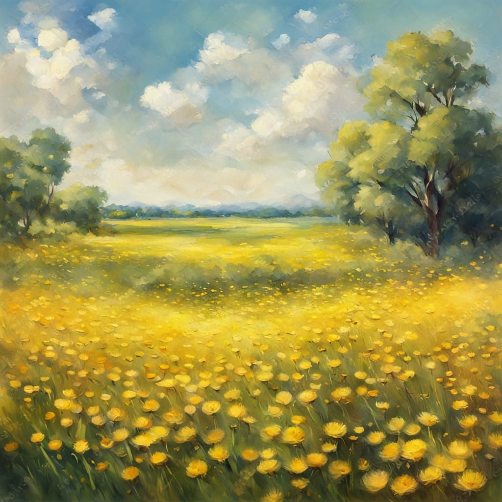 Impressionist Dandelions Shimmering in Sunny Field