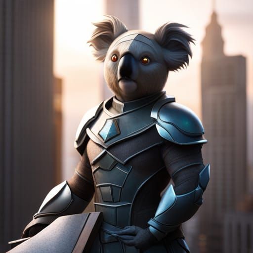 Koala Knight in Cityscape, Marvel Style