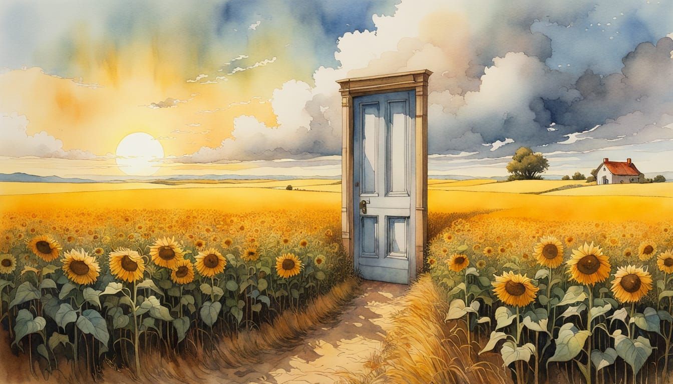 Dreamy Doorway in Sunflowers: Watercolor Landscape