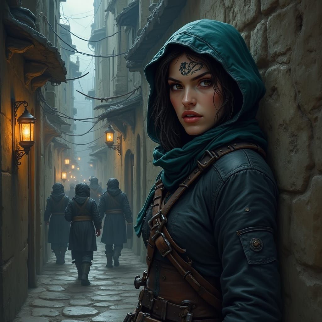 Half-Elf Rogue in Dark Alleyway, a Gritty Fantasy Illustrati...