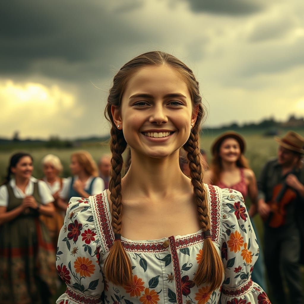 Slavic Woman in Traditional Dress, Surrounded by Joyful Peop...