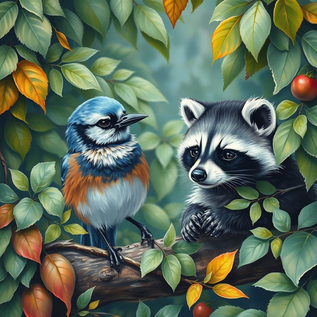Blue Jay and Raccoon in Vibrant Impressionist Landscape