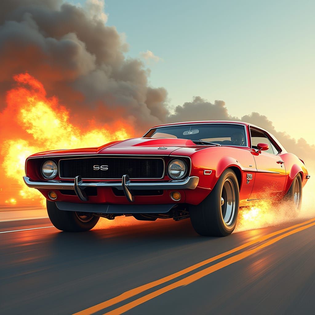 Futuristic Muscle Car Racing Towards the Horizon