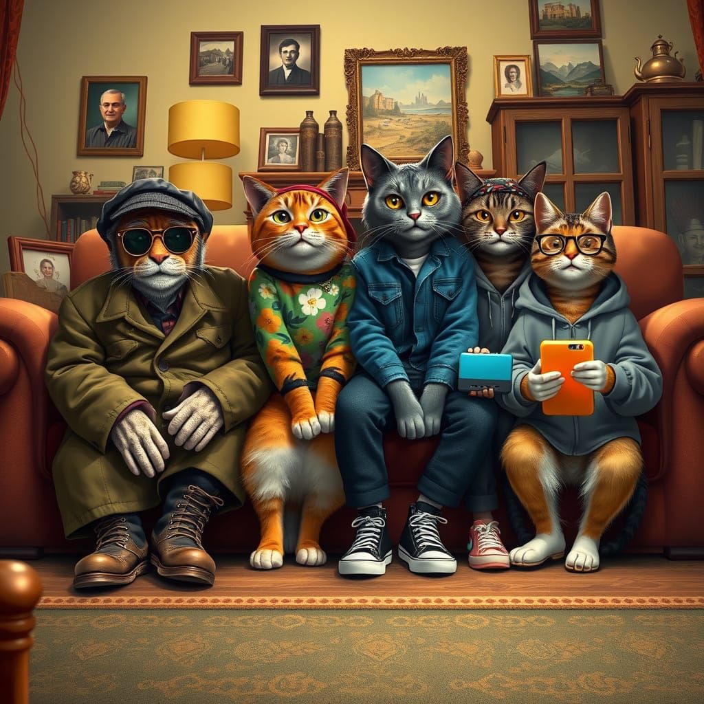 Cats Through Generations in Cozy Living Room