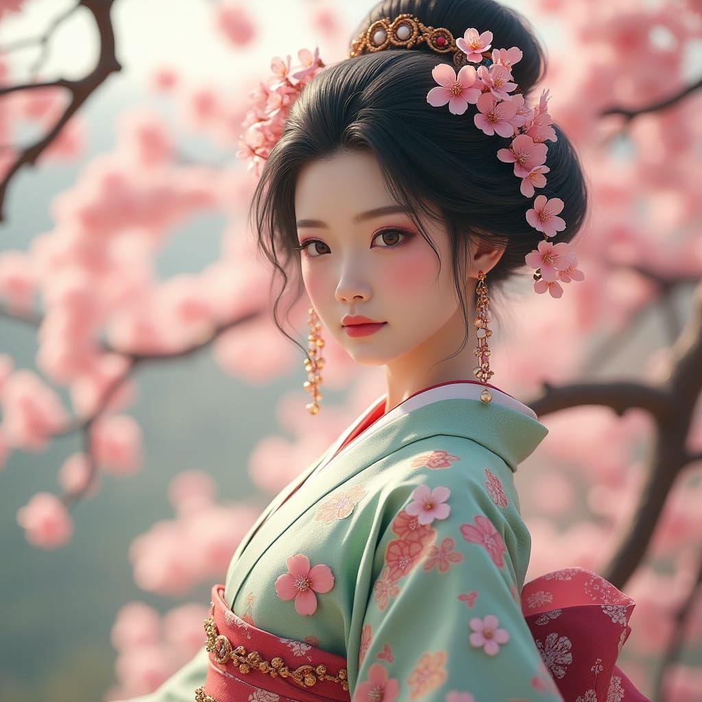 Japanese Goddess of Spring in Whimsical Cherry Blossom Wonde...