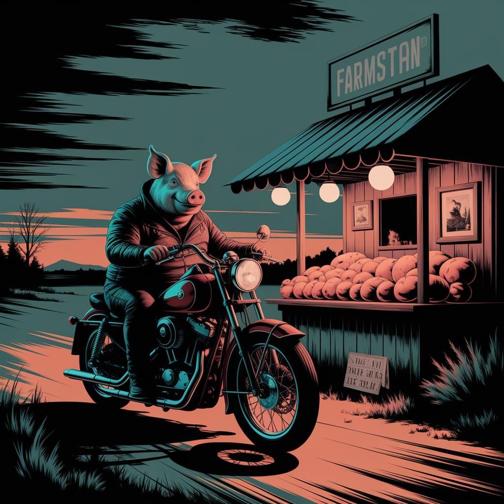 Twilight Rider at Glowing Farmstand: Beksiński Style