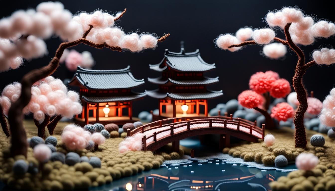 Knitted Woolly Japanese Landscape with Lantern Festival