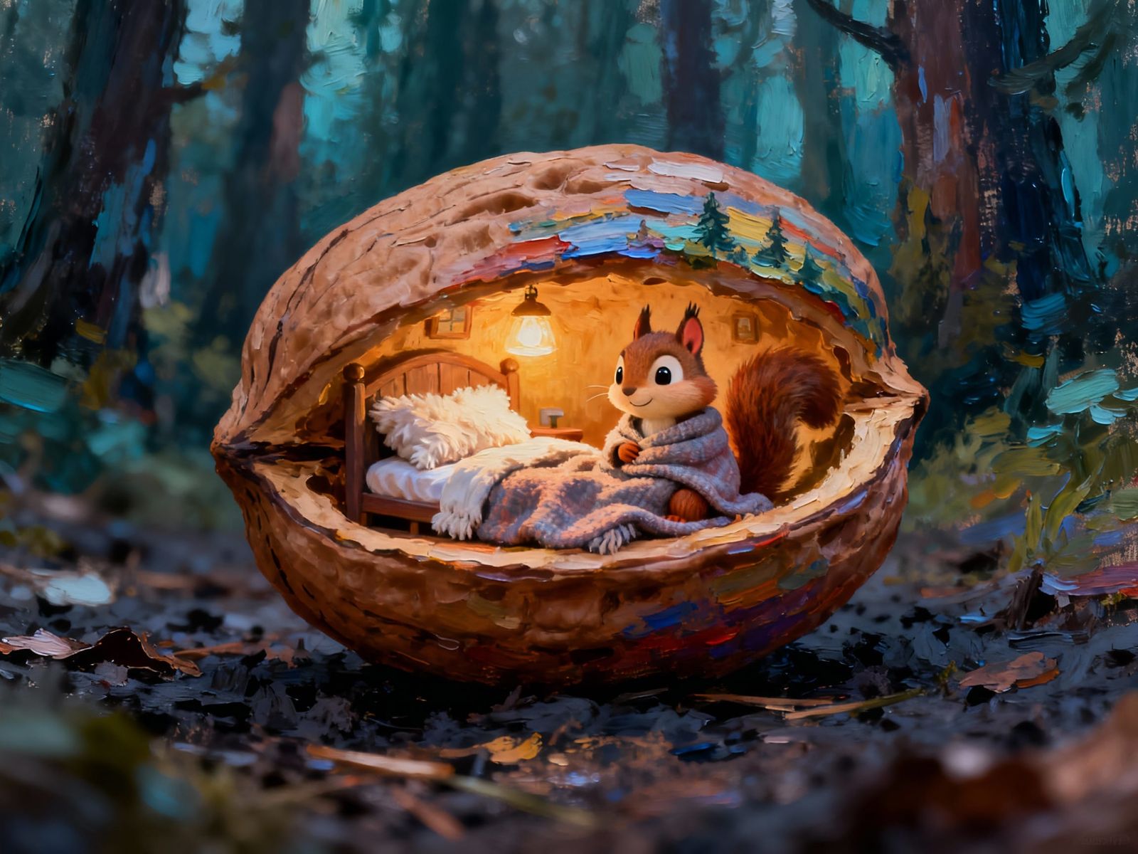 Cozy Walnut Home with Squirrel in Moody Forest