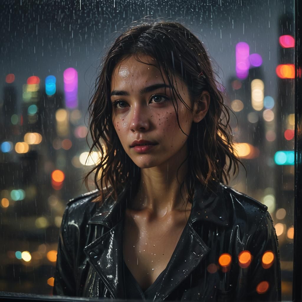 Figure at Rain-Streaked Window in Cinematic HDR