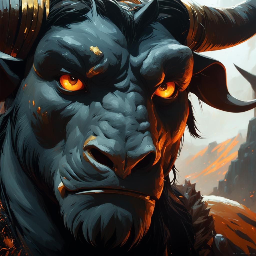 Glowering Minotaur in Orange-Gold and Brown