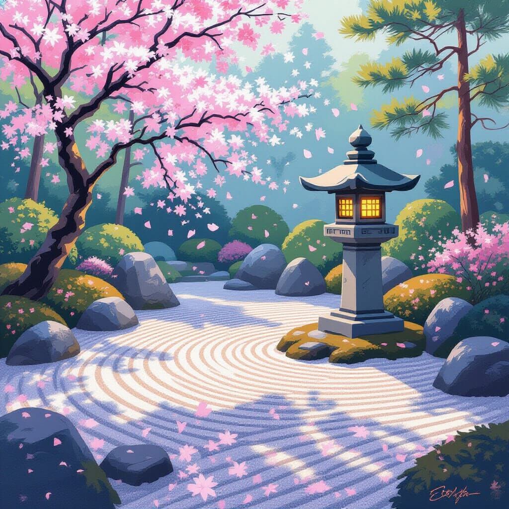 Japanese Tea Garden with Stone Lantern in Color Field Style
