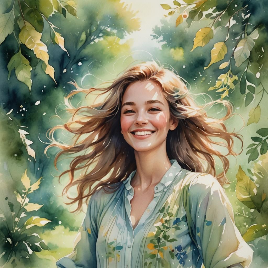 Smiling Woman in Garden: Watercolor Concept Art