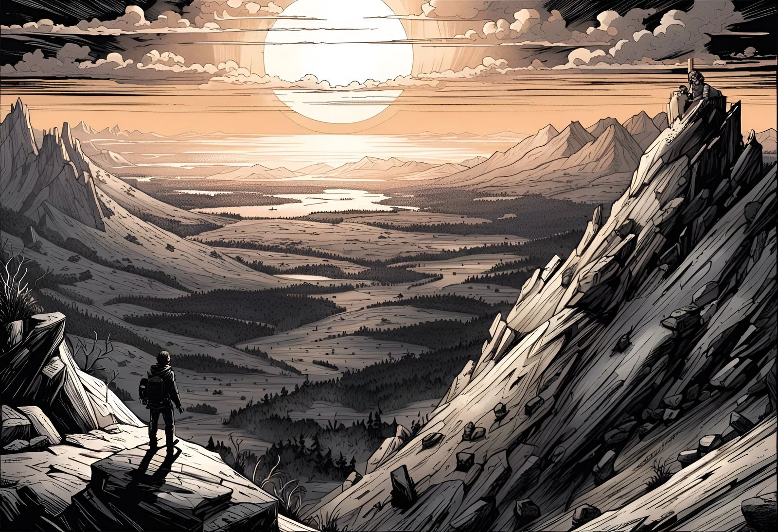 Monochromatic Sunset View from Mountain Top in Comic Style