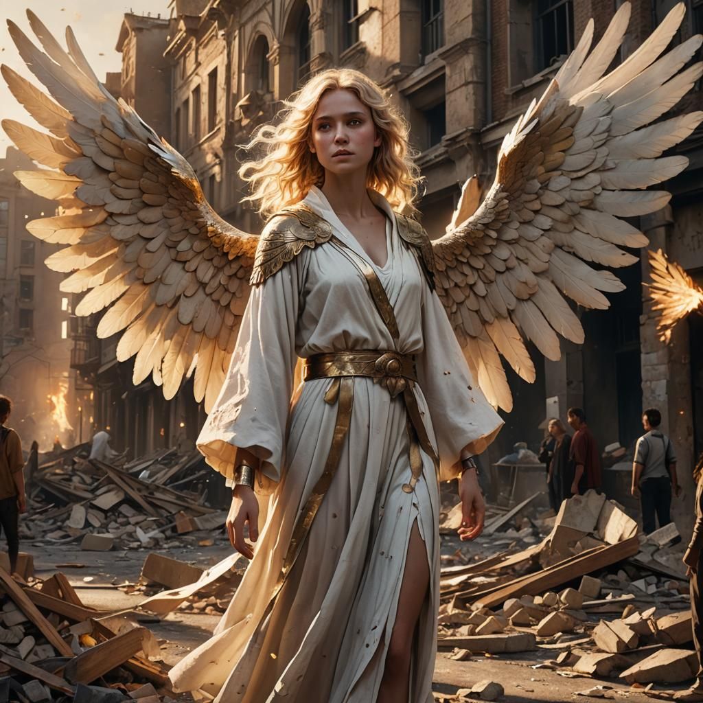 Fantasy Angel in War-Torn Street