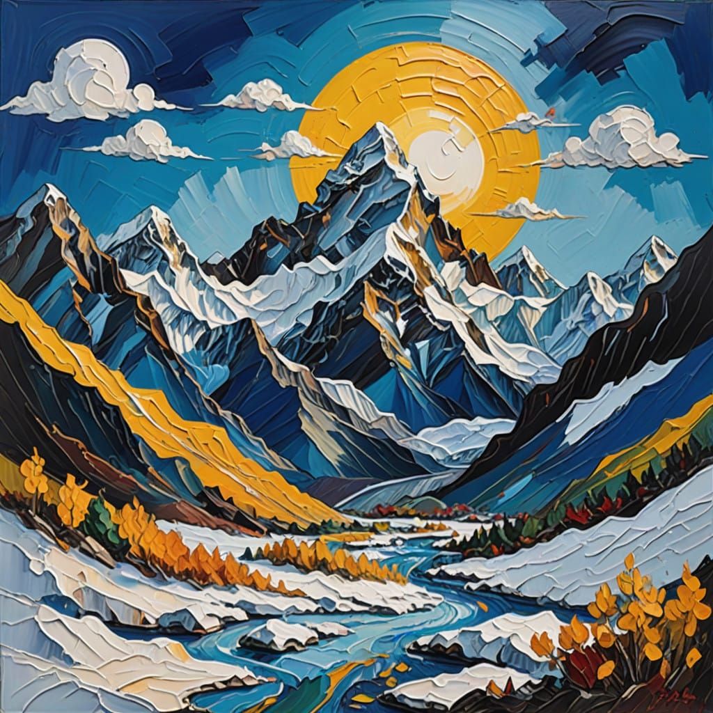 Vibrant Neo-Impressionist Snow-Capped Mount Everest