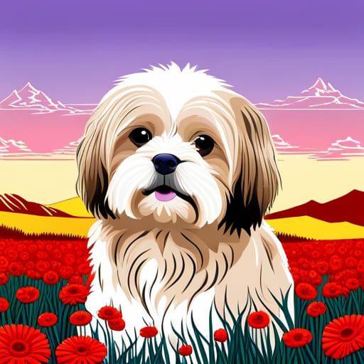 Pop Art Lhasa Apso Mix in Flower Field