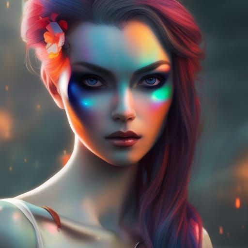 Rainbow Haired Woman: Hyperrealistic Digital Art