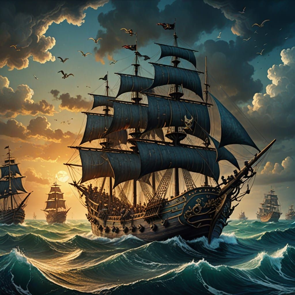 Pirate Ship on Open Sea in Renaissance Style