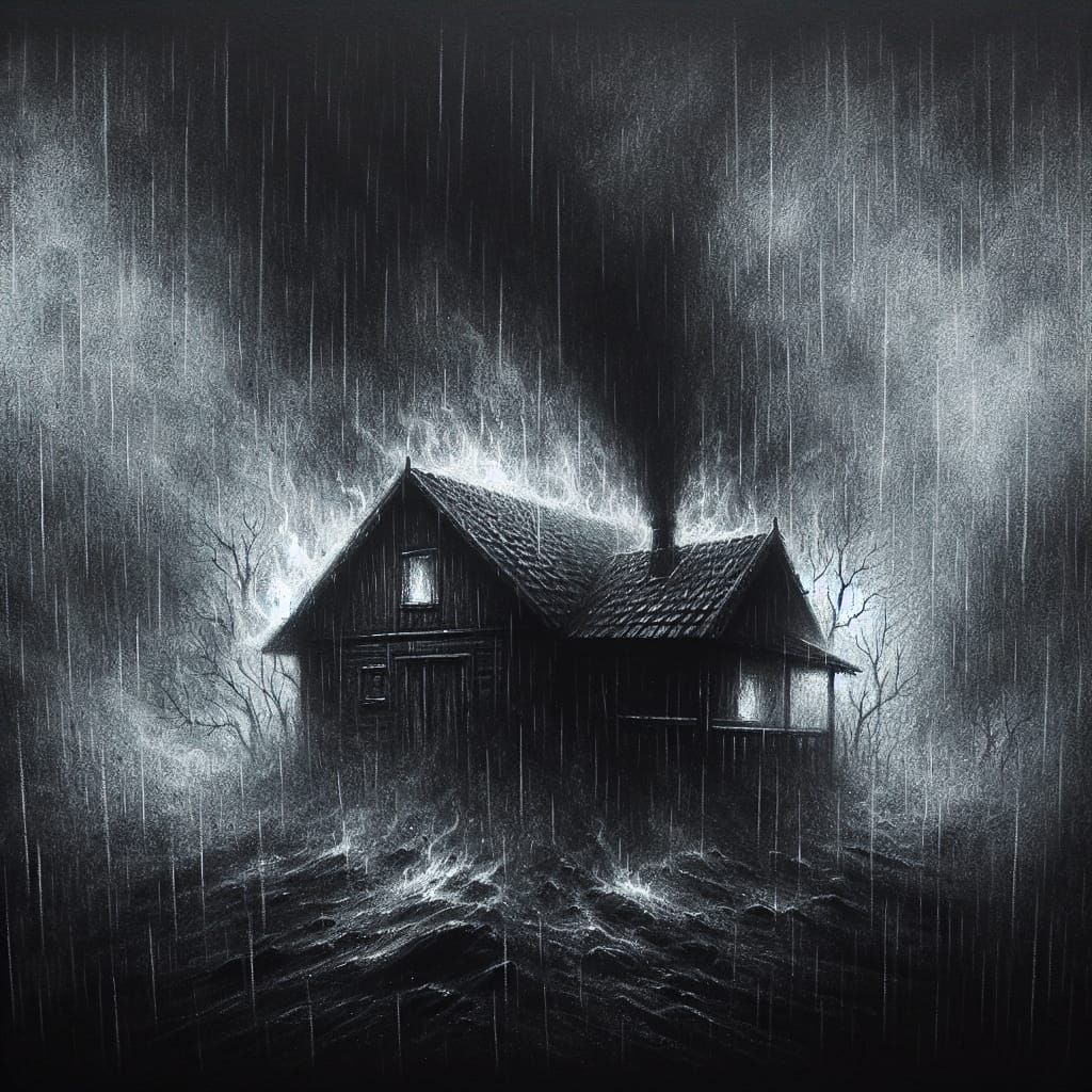 Burning Cabin in Eerie Fog: Black Metal Album Art