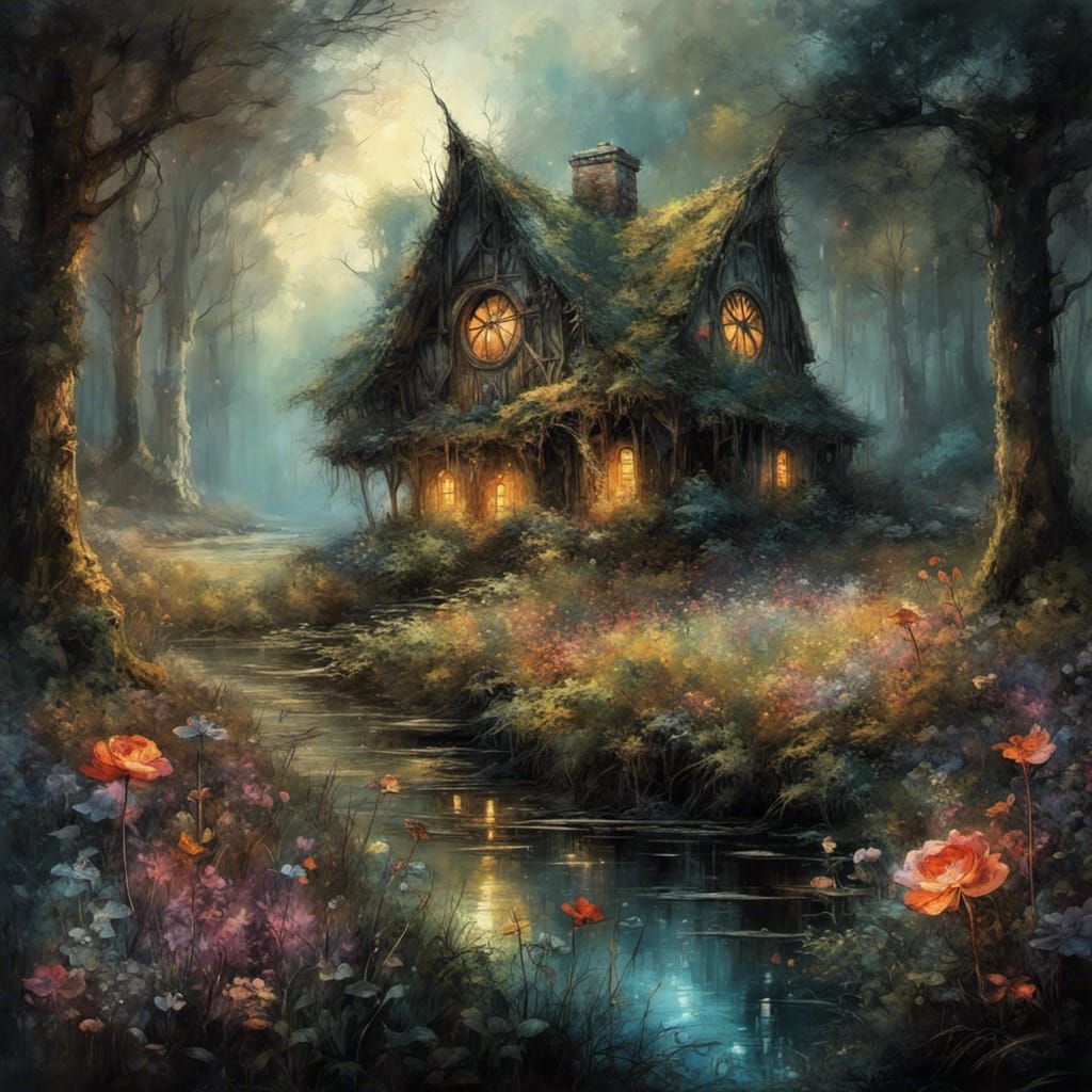 Enchanted Cottage in Gothic Dark Fantasy Style