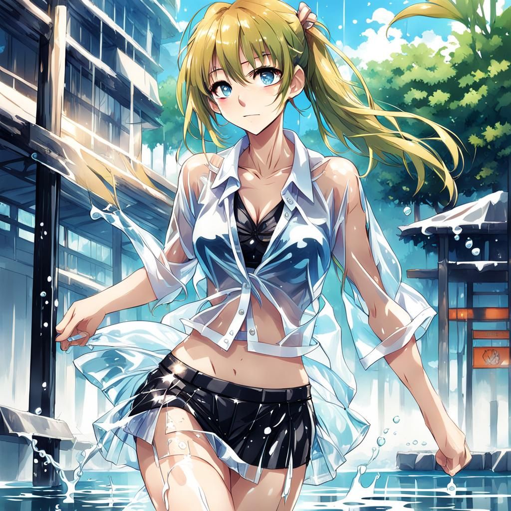 Anime Girl in Wet Bikini and Transparent Clothing