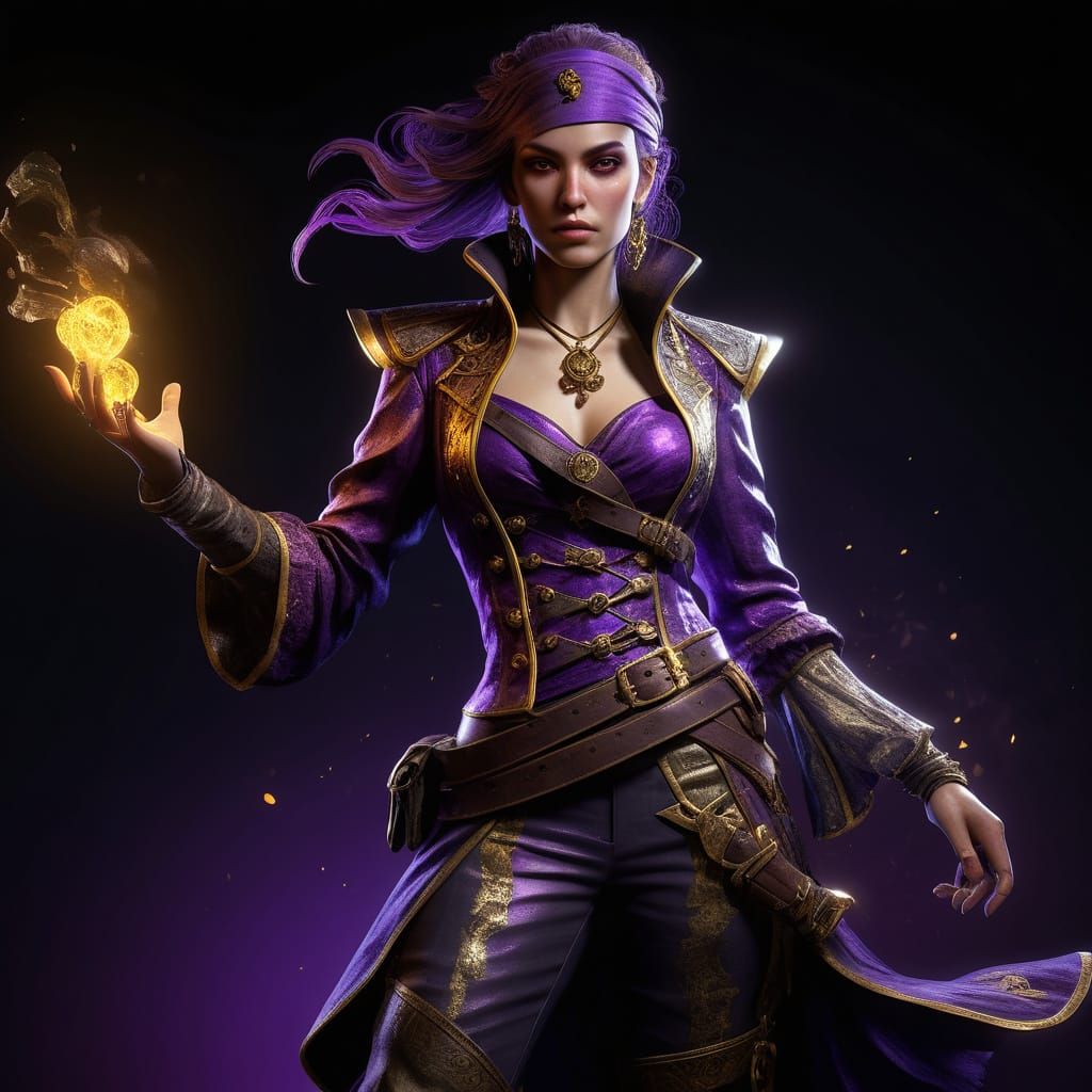 Heroic Pirate Maiden in Purple and Gold Regalia