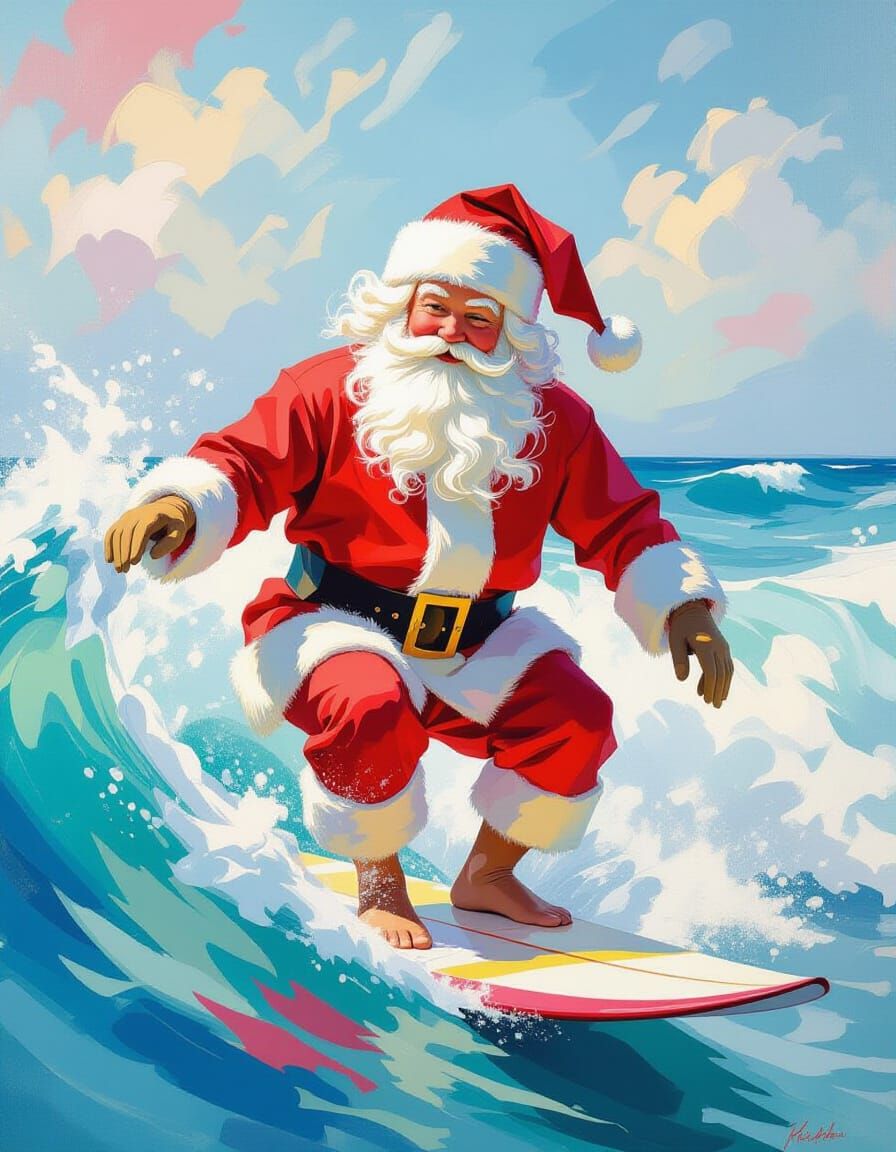 Santa Claus Surfing in Impressionist Rococo Style