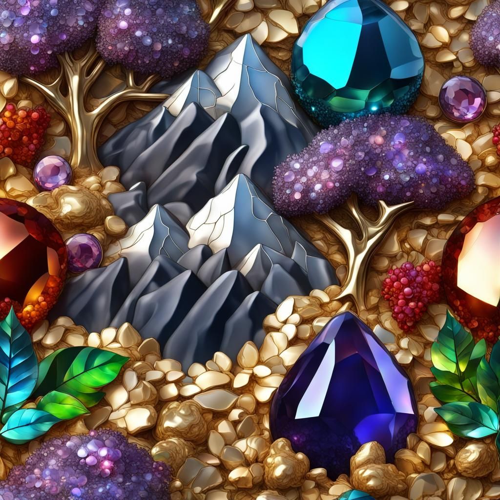 landscape with mountains and a metallic forest of metal fruit with gemstone leaves with light reflecting off gemstones, ...