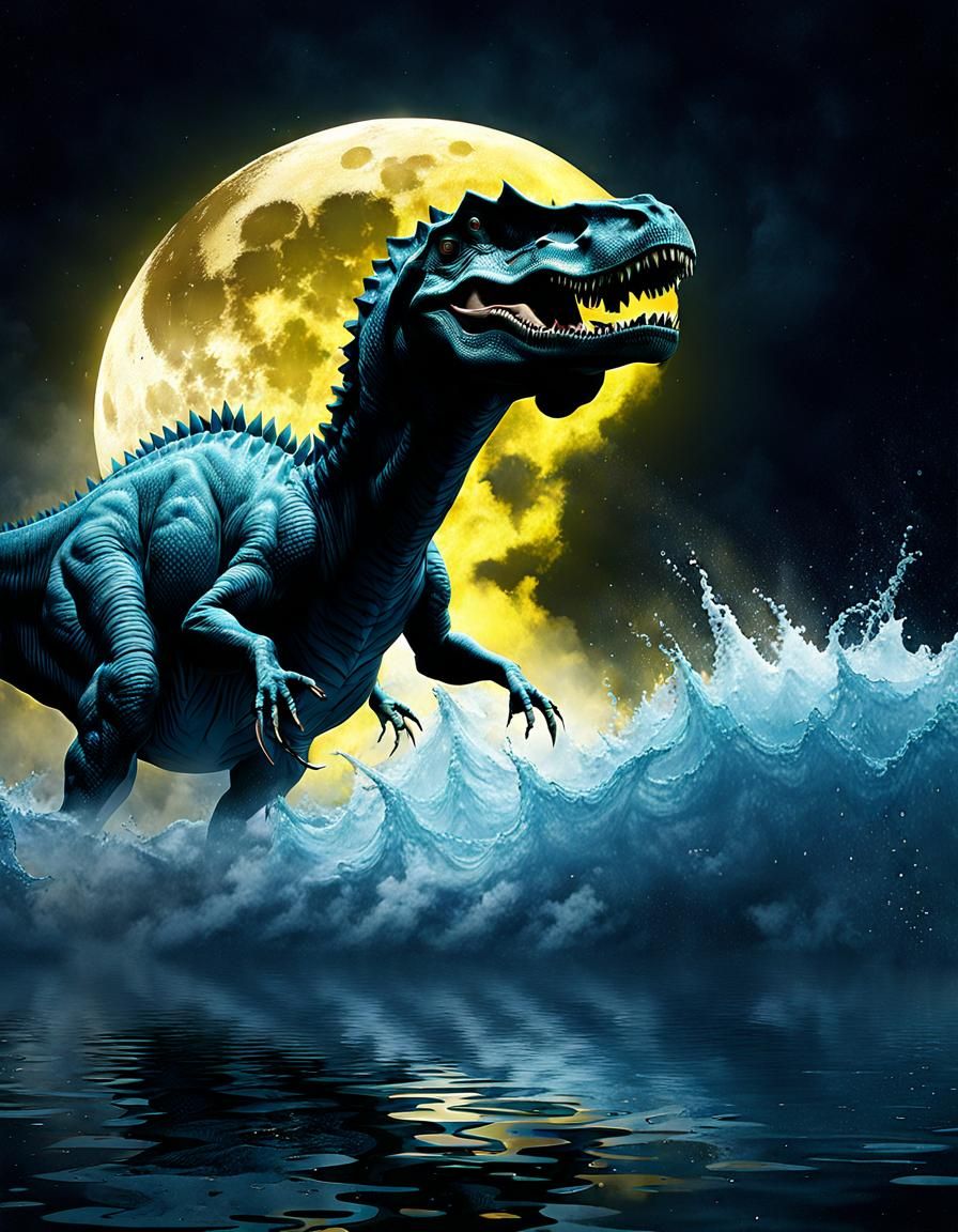 Water Dinosaur Descending from Moon, Effervescent Style